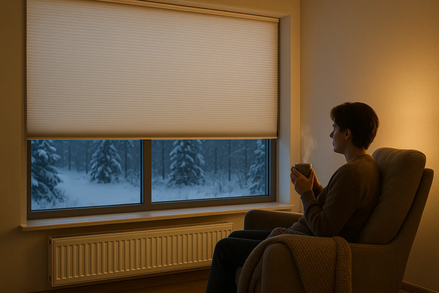 Energieeffizienz und Wärmeschutz im Winter durch Wabenplissee mit seitlicher Führung am Fenster Energieeffizientes Wabenplissee im Winter am großen Fenster mit seitlicher Führung, Wärmeschutz, behagliche Zone im Wohnbereich, Heizkörper darunter, reduzierter Kaltluftabfall