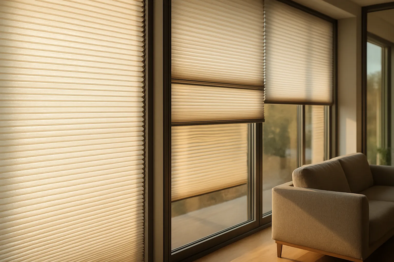 Energieeffizienz und Wärmeschutz mit innenliegendem, reflektierendem Plissee und dichten Seitenschienen – dynamische Verschattung großer Fensterflächen Innenliegender Sonnenschutz für Energieeffizienz und Wärmeschutz mit reflektierendem Plissee, dichten seitlichen Führungsschienen und großen Glasflächen, dynamisch gesteuert nach Ost-, Süd- und Westausrichtung zur Nutzung passiver Gewinne und Vermeidung von Überhitzung