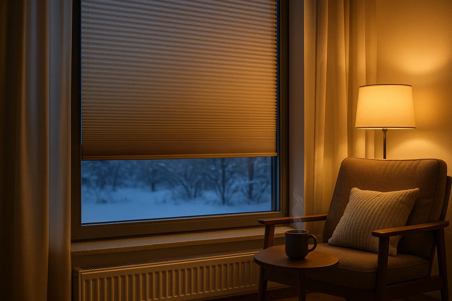 Energieeffizientes Wabenplissee im Winterbetrieb mit seitlicher Führung und optimierter Konvektion Winterliches Wohnzimmer mit geschlossenem doppelzelligen Wabenplissee in seitlicher Führung am großen Fenster, Heizkörper darunter mit kleinem Spalt für Konvektion, energieeffiziente Isolierung gegen Kaltluftabfall und reduzierte Strahlungskälte, behagliche Leseecke mit dampfender Tasse