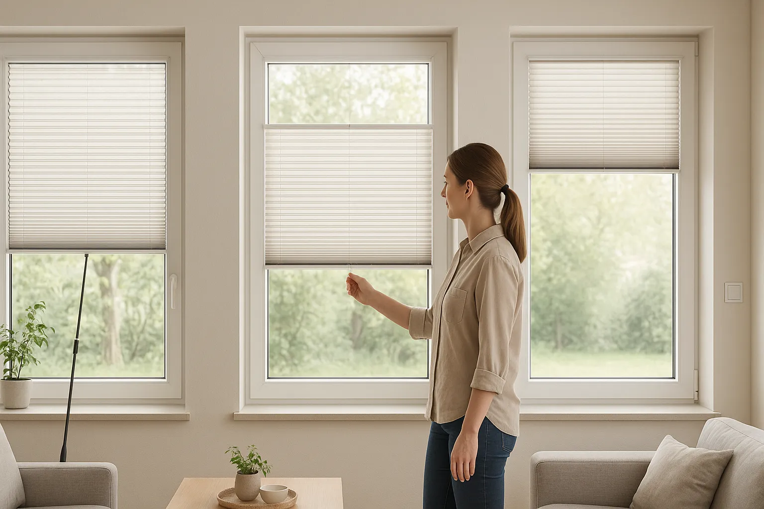 Plissee Bedienung und Komfort mit ergonomischer Montage, zentralem Taster, verlängerter Bedienstange und weichem Anschlag Plissee Bedienung und Komfort am Fenster mit ergonomischer Griffhöhe, präziser Montage, gleichmäßiger Seilspannung und sauberem Wandanschluss; motorbetriebenes Element mit zentralem Wandschalter, manuelle Bedienung mit verlängerter Stange, dezente taktile Markierungen auf der Griffleiste, einheitliche Bedienrichtung bei mehreren Plissees