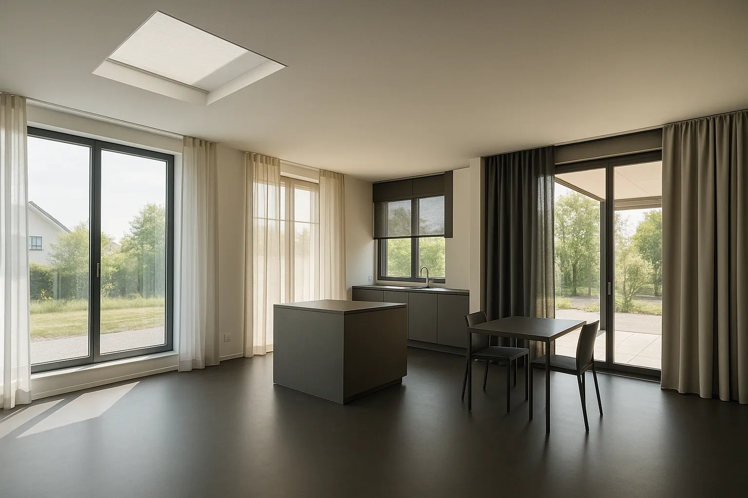 Stoffe und Transparenzgrade für Nord-, Ost-, West- und Südfenster mit Blendschutz und Wärmeschutz Fensterstoffe nach Himmelsrichtung: transparente Voile am Nordfenster, halbtransparenter Leinenstoff am Ostfenster, halbtransparenter Stoff mit dunklerer Tönung oder Dimout am Westfenster, Dimout mit reflektierender Rückseite am Südfenster, Dachfenster mit halbtransparentem Rollo, Blendschutz, Wärmeschutz, reduzierte Spiegelungen, Transmission Reflexion Absorption
