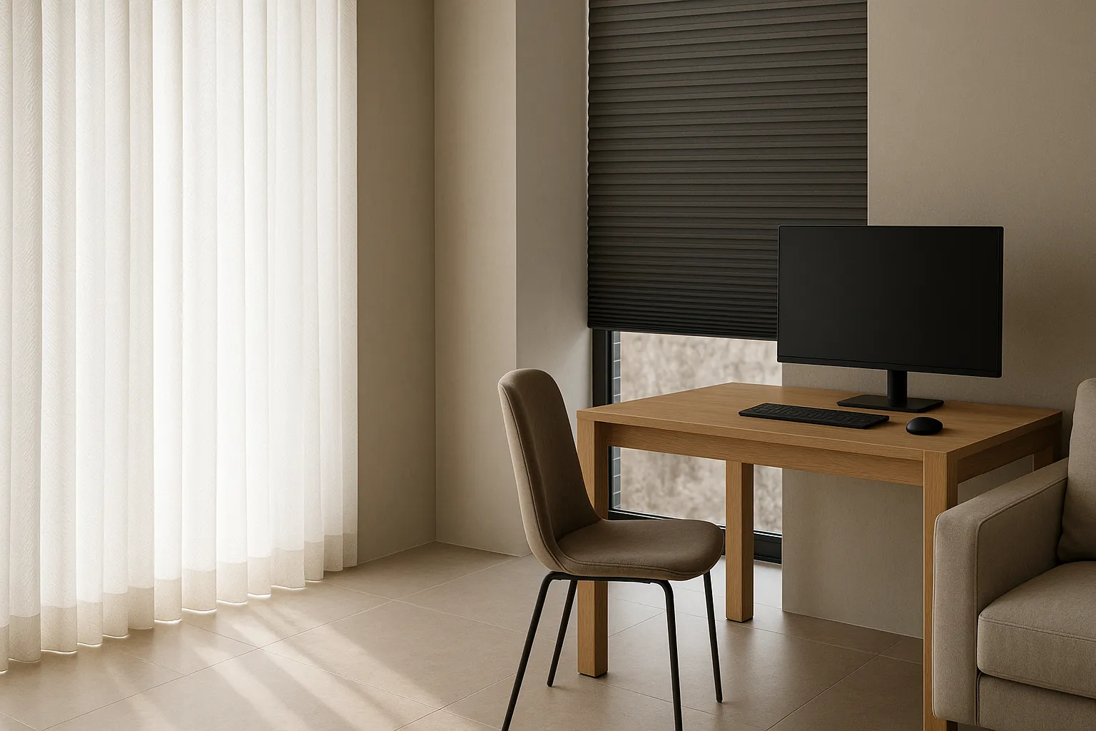 Stoffe und Transparenzgrade im Raum – Lichtführung, Wabenplissee, neutrale Farben, matte und satinierte Texturen Fenster mit halbtransparentem Vorhang und dunkelgrauem Wabenplissee, unterschiedliche Transparenzgrade der Stoffe, Lichtstreuung und Blendminderung, neutraler Innenraum mit Eichenholz und Stein, minimalistisches Arbeitszimmer, matte und satinierte Texturen, reduzierte Farbpalette