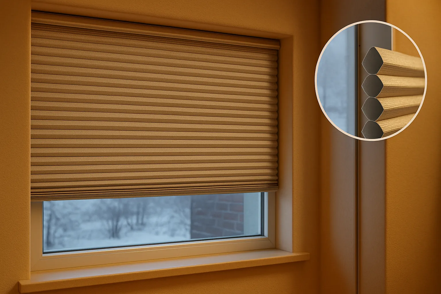 Wabenplissee für Energieeffizienz und Wärmeschutz – doppelte Textillage und Luftkammern am Fenster Wabenplissee am Fenster für Energieeffizienz und Wärmeschutz mit doppellagiger Textillage, ruhenden Luftkammern, verdeckten Zugschnüren und zusätzlicher Isolationsschicht vor der Verglasung