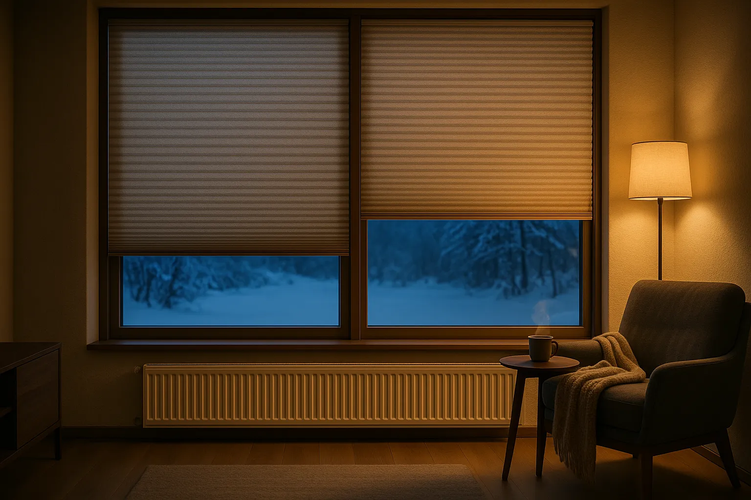 Energieeffizienz im Winter durch Wabenplissee mit seitlicher Führung und optimierter Konvektion Wabenplissee im Winter vor großer Fensterfront, doppeltzellig mit seitlicher Führung und geringem Abstand zur Verglasung, Heizkörper darunter mit freiem Luftspalt, gemütlicher Innenraum bei Nacht und Schnee draußen, Fokus auf Energieeffizienz und Wärmeschutz
