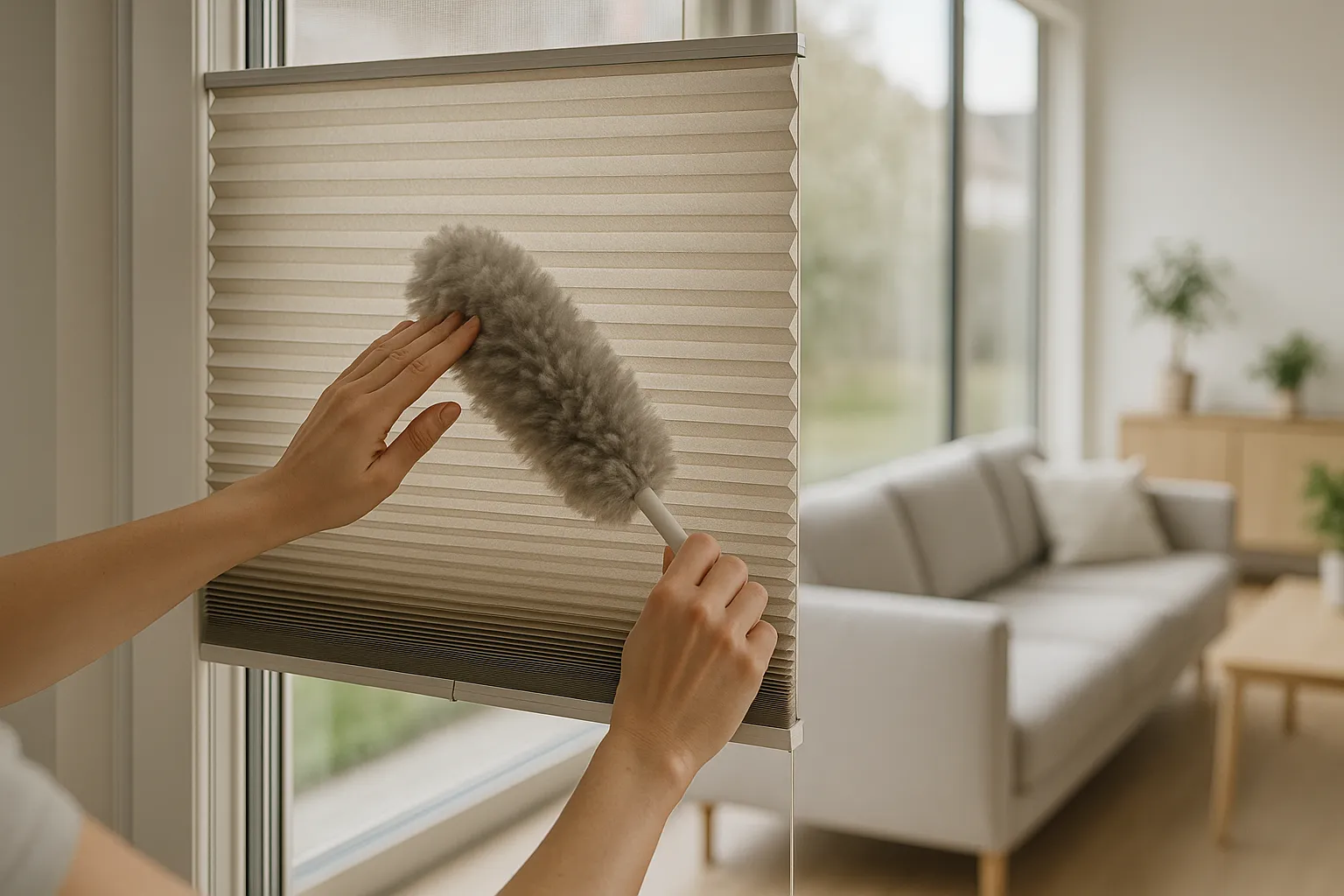 Wabenplissee reinigen und pflegen – staubschonende Pflege, Faltenbild erhalten, Beschichtungen schützen Wabenplissee Pflege und Reinigung mit Staubwedel, Faltenstruktur und Aluminium-Schienen, schonende Staubentfernung, Top-Down/Bottom-Up halb geschlossen
