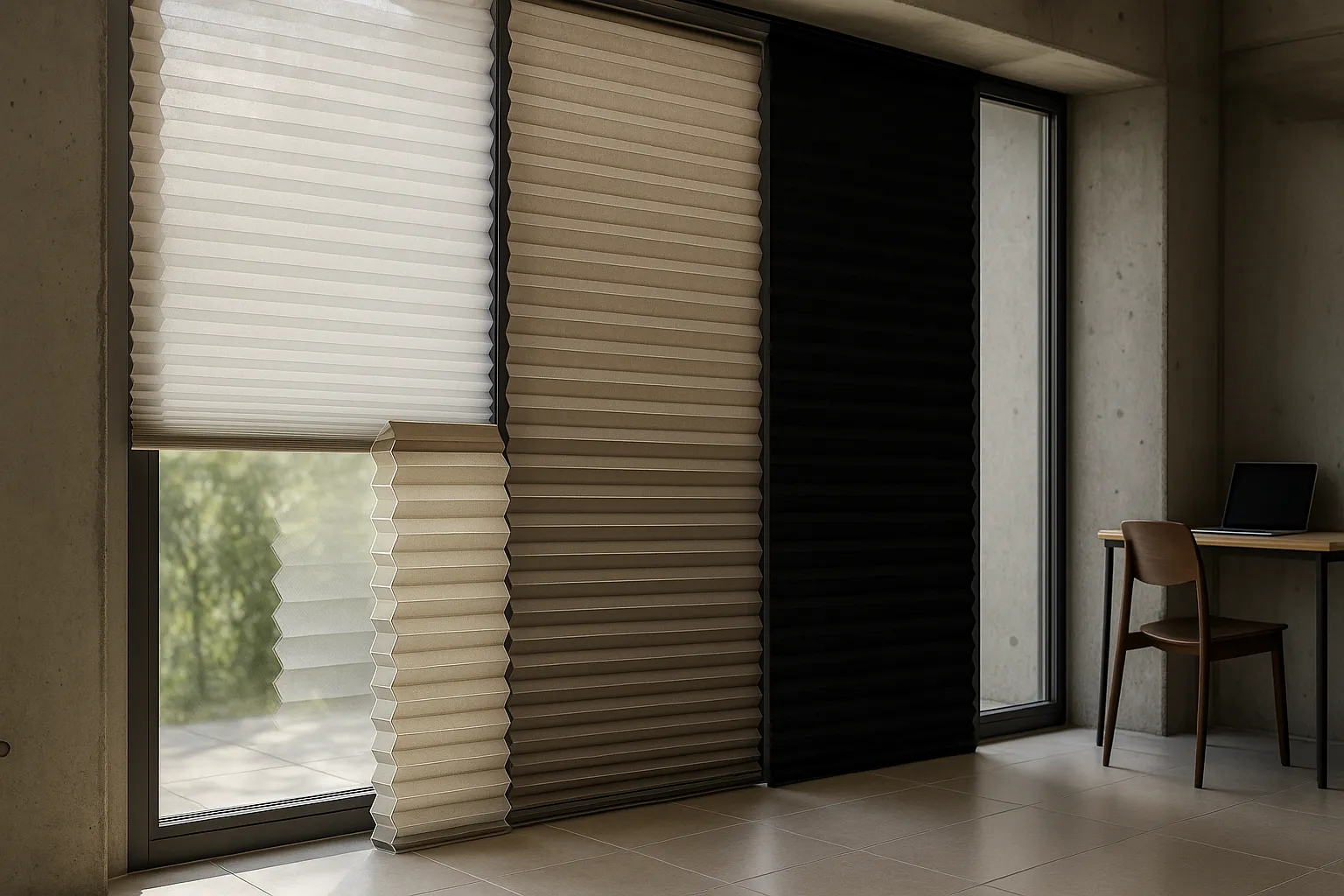 Wabenplissee Stoffe Transparenzgrade Akustikverbesserung Thermischer Komfort Sonnenschutz reflektierende Rückseite Wabenplissee Stoffe mit unterschiedlichen Transparenzgraden vor großer Glasfront für Nachhallreduktion, Sonnenschutz und Wärmeschutz in modernem Raum mit Betonwand und Fliesenboden