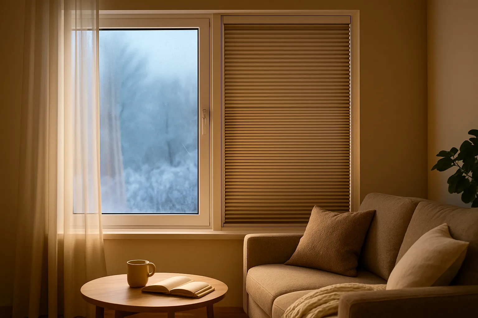 Energieeffizientes Fenster mit Wabenplissee – reduzierte Wärmeleitung, Konvektion und Strahlung Wabenplissee am Doppelfenster für Energieeffizienz und Wärmeschutz, Mehrkammer-Honeycomb mit Seitenführung, reduzierte Wärmeleitung und Konvektion, Low-E-Beschichtung gegen Wärmestrahlung, weniger Kondensation, behagliches Raumklima im Winter